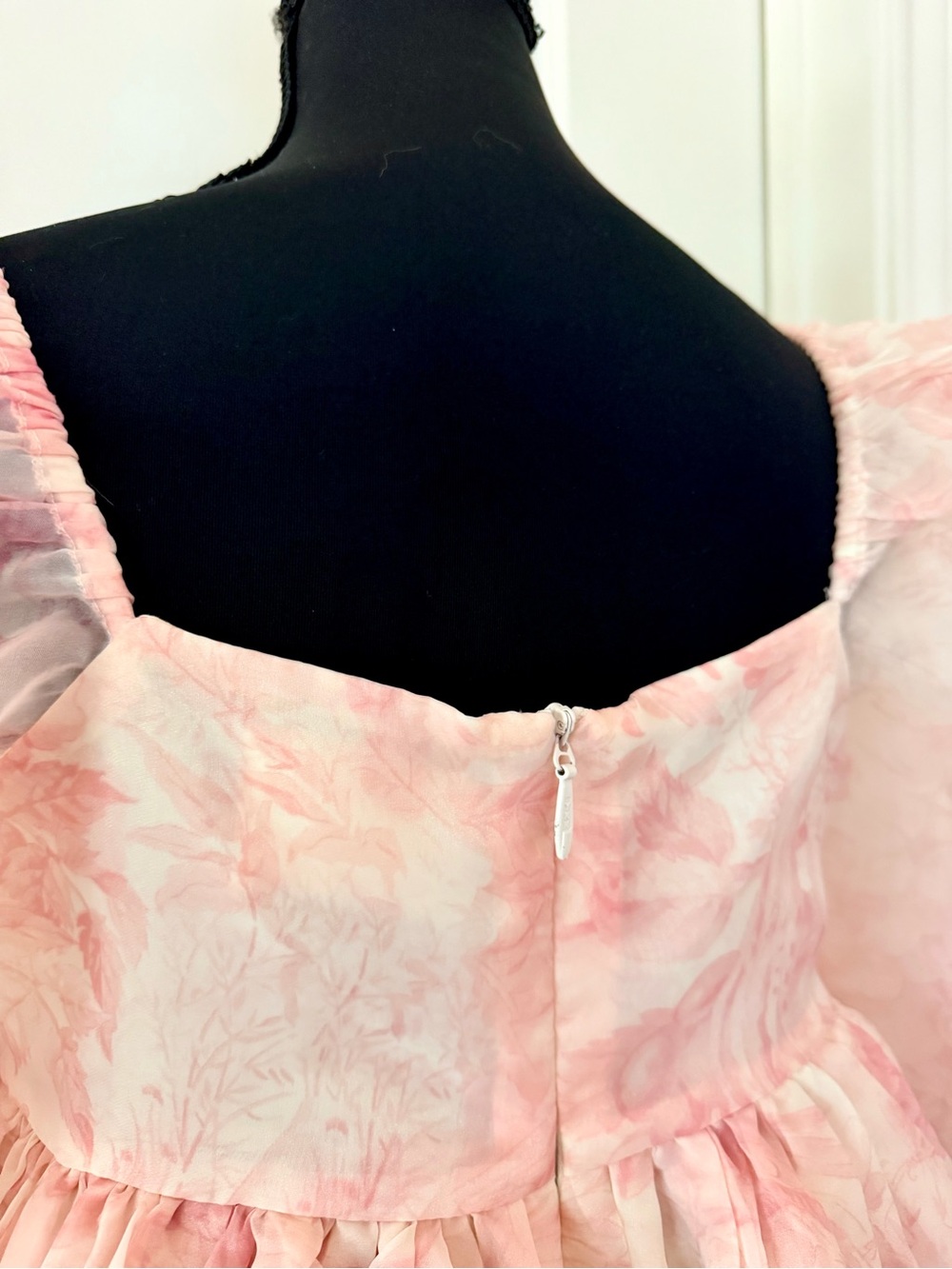 Selkie Pink Floral Organza Puff Sleeve Mini Dress —Cottagecore Fairy Party Dress - Picture 4 of 5